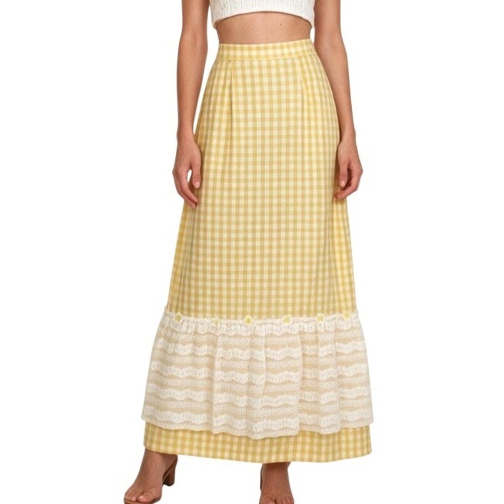 VTG Yellow GINGHAM CHECK Lace Overlay Hem Cottagecore MAXI SKIRT W-22" XXS/XS